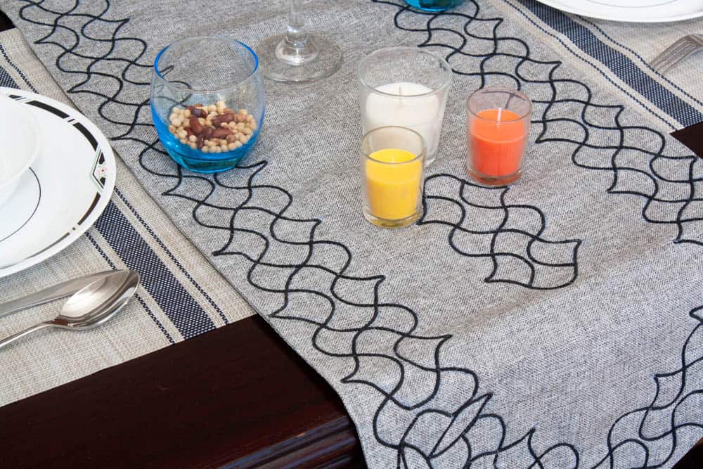 Table Runner Small Size Grey Jute With Embroidery Material - Balooworld