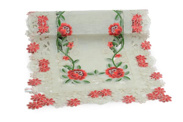Red Floral Cutwork Table Runner Front View - balooworld.ca